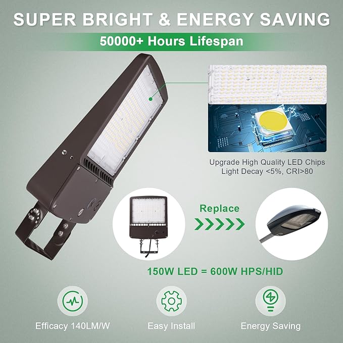150W LED Parking Lot Light, 5700K 21000LM LED Shoebox Area Light [600W MH/HPS Equiv.], 0-10V Dimmable Outdoor Pole Flood Lights with Yoke Mount, IP65 20KV Surge Protection AC100-277V UL&DLC Listed