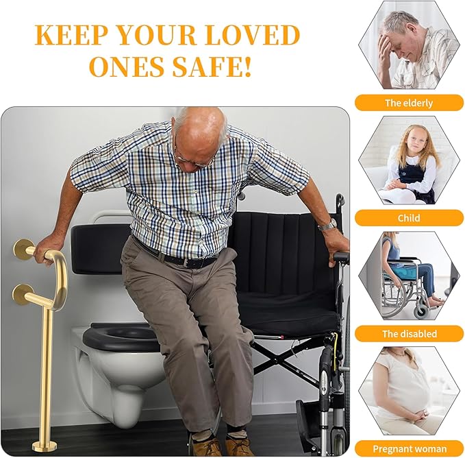 Toilet Grab Bar 23.4 Inch with Leg, YuanDe Wall Mounted Safety Bar, Stainless Steel Anti-Slip Bathroom Support Rail for Elderly, Disabled, Handicap, Seniors, Injury Recovery，Brushed Gold