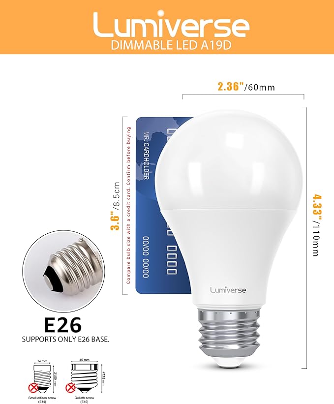 Lumiverse A19 Dimmable LED Bulbs 60W Equivalent, 9.5W, Non-Flickering, 2700K Soft White, 800 Lumens, E26 Base, 15000 Hour, Energy Saving, Clear Bright Light for Ceiling, Bedroom, 12 Pack