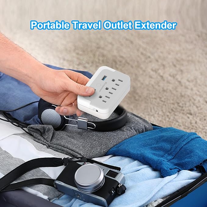Portable Outlet Extender with Light Sensor lamp,Power Strip with 3 Outlet and 3 USB Ports(2 USB-C Ports && 1 USB-A Port Total 15.5W/3.1A).Multi Plug Wall Outlet for Home Travel Office-White