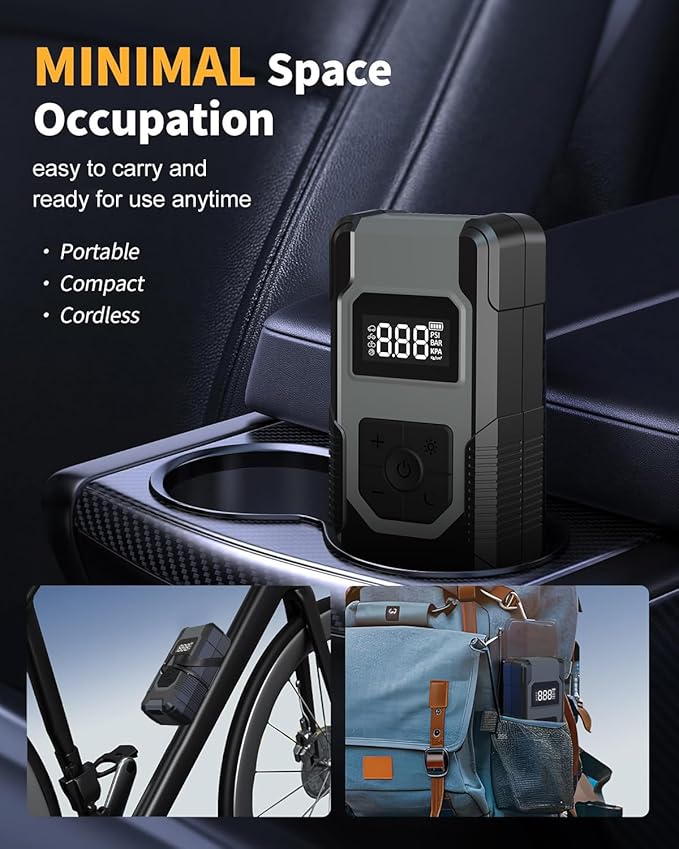Tire Inflator Portable Air Compressor - 4X Faster Inflation Cordless Mini Air Pump with Digital Pressure Gauge with Digital Pressure Gauge/LED Light Portable Tire Inflator for Car/Moto/Bike/Ball etc.