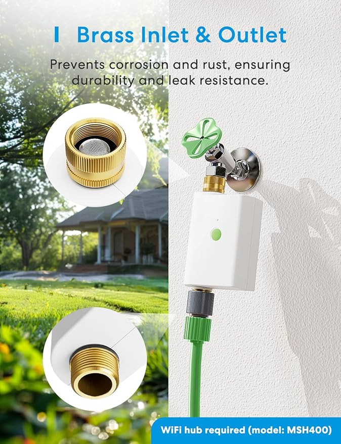 meross WiFi Water Hose Timer, Smart Sprinkler Timer with Brass Inlet & Outet, Work with Apple Homekit, Alexa & Google Assistant, Water Valve for Lawn, Garden, Yard and Pool, WiFi Hub Required