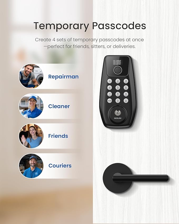 DESLOC C110 Keyless Entry Door Lock with 2 Lever Handles&Smart Screen, Digital Smart Front Door Lock Set, Fingerprint Door Locks, Keypad Deadbolt, Auto-Lock, Backlit Keys, Passage Mode, IP54, Black