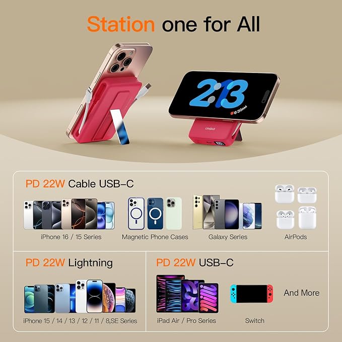 2025 Latest Portable Charger, 16800mAh Magnetic 15W Wireless Power Bank with 2 Built in Cables, LED Display Battery Pack Travel Essentials for iPhone 17/16/15/14/13/12/Pro/Mini/Pro Max