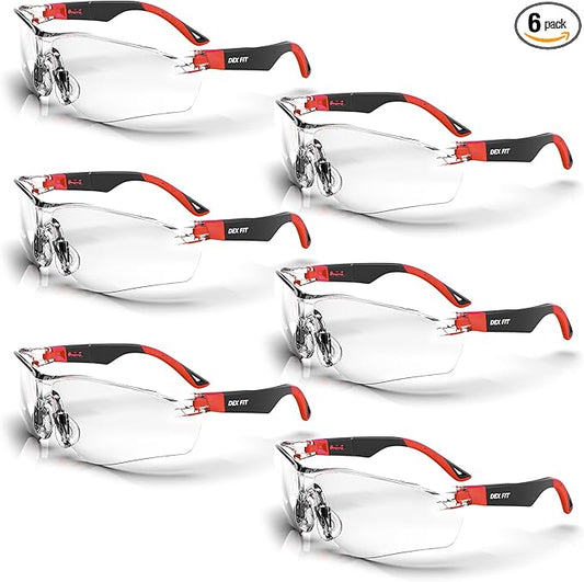 DEX FIT Safety Glasses SG210; 6 Pairs, Z87, Anti-Fog & Scratch Resistant, Adjustable for Women and Men, UV Protection (Black & Red Frame, Clear Lens)