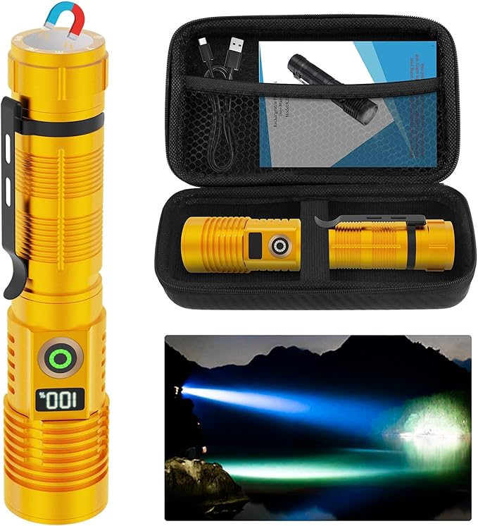 Rechargeable Flashlight High Lumens- Super Bright Magnetic Flash Light with Power Digital Display,3280Ft Long Range,Dimmable,Waterproof,Pocket Tactical LED Flashlights for Emergency,Gold 1PC