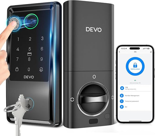 DEVO G6 Smart Lock,Fingerprint Keyless Entry Door Lock,Wi-Fi Deadbolt Smart Lock, Touchscreen Keypad Deadbolts,APP Remote,Auto-Locks, Easy Install Front Door Lock,IP54Waterproof(Black)