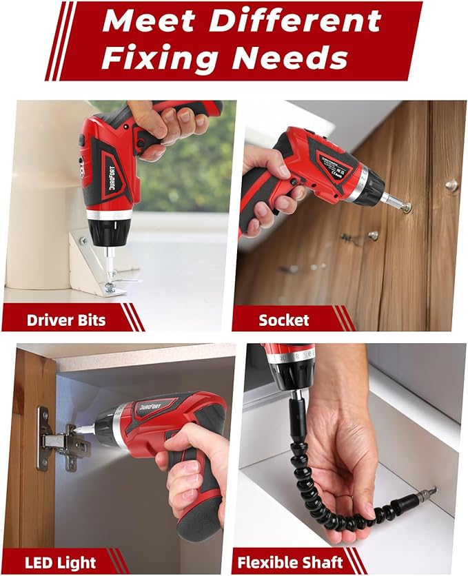 Cordless Electric Screwdriver Set, 8V 10Nm Rechargeable Power Electric Drill, Battery Screw Gun with Driver Bit, 320RPM/10+1 Torque, 2 Position Handle, Flexible Shaft LED Light (Red, 89Pcs)