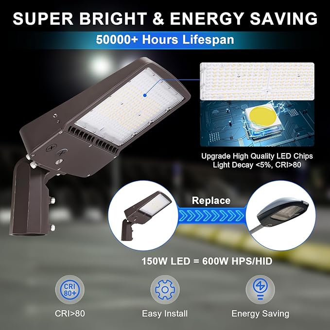 150W LED Parking Lot Light, 21000LM(140lm/w) LED Shoebox Area Light(600W HID/HPS Equivalent), 5700K Dimmable Outdoor Commercial Street Lighting -10KV Surge Protection IP65 100-277V UL DLC Listed