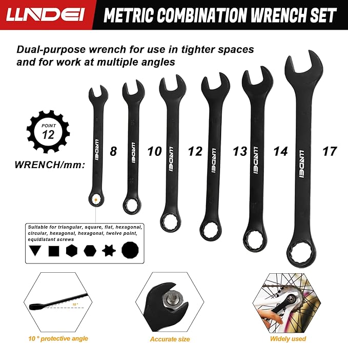 LLNDEI 1/2" Dr. Ratchet Impact Socket Wrench Set,Deep Sockets(8-24mm),Spark Plug Socket(16,21mm),49PCS, CR-V, Metric, With Combination Wrenches (8-17mm)