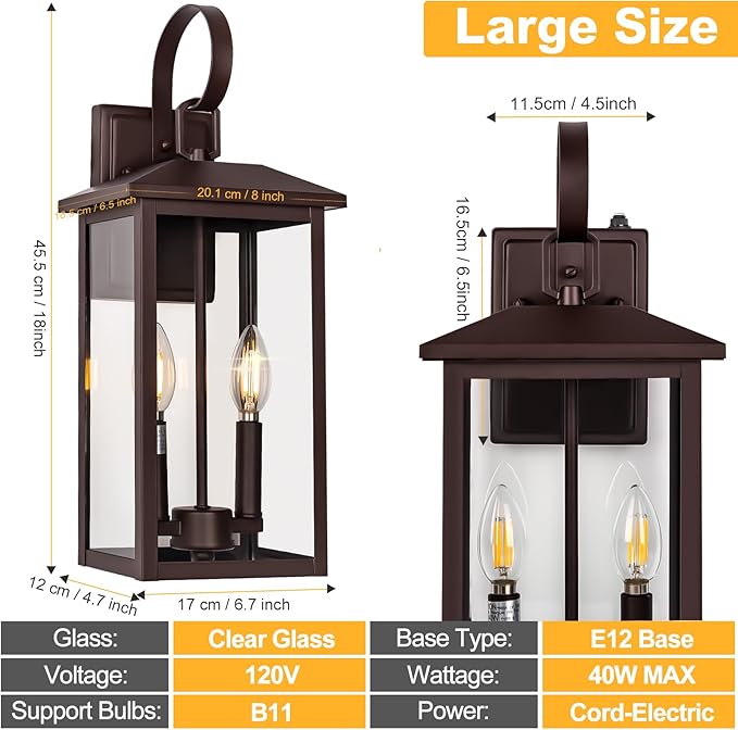 Extra Large Exterior Lighting Fixtures Bronze, Dusk Till Dawn Outdoor Light Fixture, 2-Light Outdoor Wall Fixture with E12 Socket, 18" Porch Light Fixtures for House, Garage, Patio, Door, Backyard