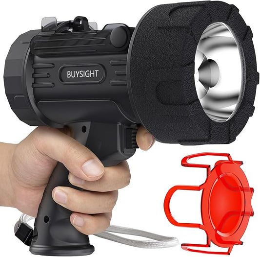 BUYSIGHT Rechargeable Spotlight Flashlight,1000,000 lumens Hand held Spotlight Waterproof Flashlight Hunting Lamp with red Filter (Graphite Black)