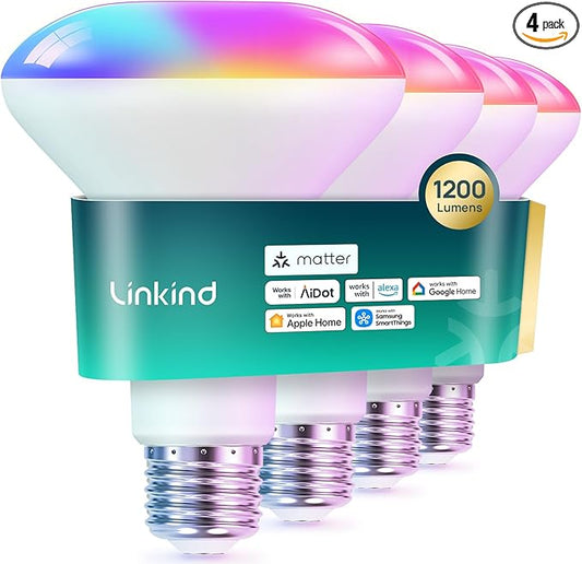 Linkind Matter Smart Light Bulb,1200LM 85W BR30 Smart Flood Light Bulbs Work with Alexa, Apple Home, Google Home, RGBTW Recessed Color Changing Bulbs E26, 2.4GHz Only WiFi Light Bulbs LED, 4Pack