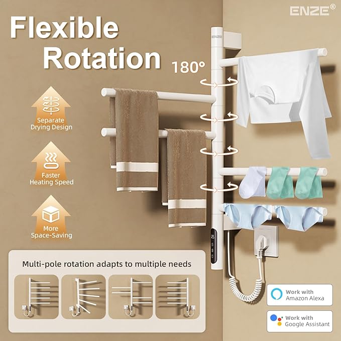 ENZE Smart Rotating Heated Towel Rack for Bathroom, Wall-Mounted Electric Towel Dryer with Swivel Bars, Smart Timer, Low Carbon Steel, IPX5, Plug-in/Hardwired, Towel Warmer with Wi-Fi App Control