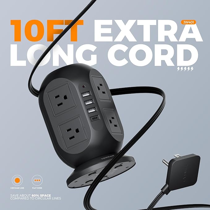 Surge Protector Power Strip Tower, TESSAN 10 ft Flat Extension Cord with Multiple Outlets, 8 AC Outlets 4 USB Ports (1 USB C), Charging Station with Surge Protection for Home Office Dorm, Black