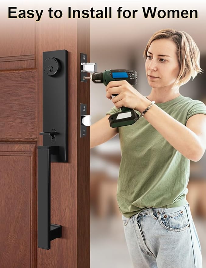 2 Pack Full Escutcheon HandleSet Front Door Entry Handle and Deadbolt Lock Set Slim Square Single Cylinder Deadbolt and Lever Heavy Duty – Matte Black Finish