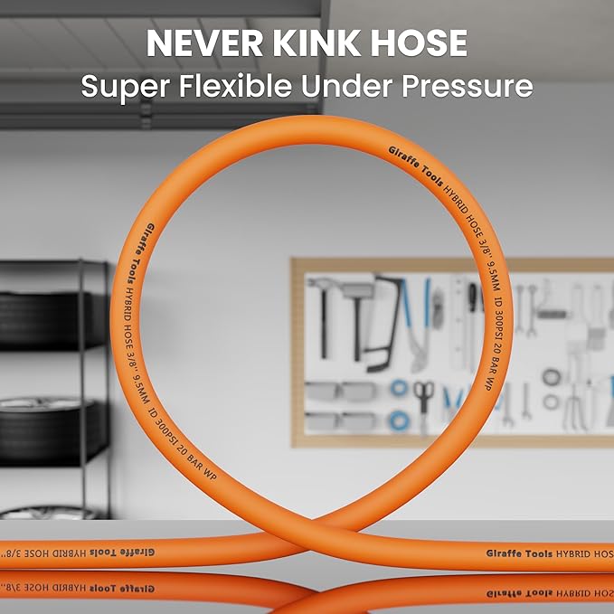 Giraffe Tools Air Hose, 3/8 inch x 6 ft Air Compressor Hose, 1/4 in. MNPT Fittings, Hybrid 300 PSI, Kink Resistant, Lightweight Lead-in Air Hose, All-Weather Flexibility, Orange