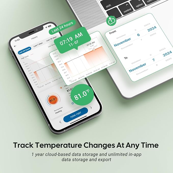 WiFi Digital Heat Mat Thermostat Controller, 32-113°F with Heating Cooling Mode, 365 Day Data Export, 1200W, High/Low Temp Alerts, Plug & Play for Reptile Seedling Brewing Breeding Greenhouse