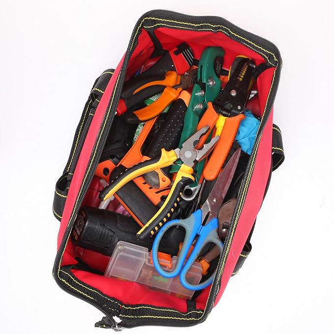 Sanwuta 3 Pack Tool Bag for Men with Waterproof Hard Bottom, Heavy Duty Tool Bag Wide Mouth Tote for Various Instrument, Electrician Carpenter Mechanic(13 Inch,Red, Army Green, Blue)