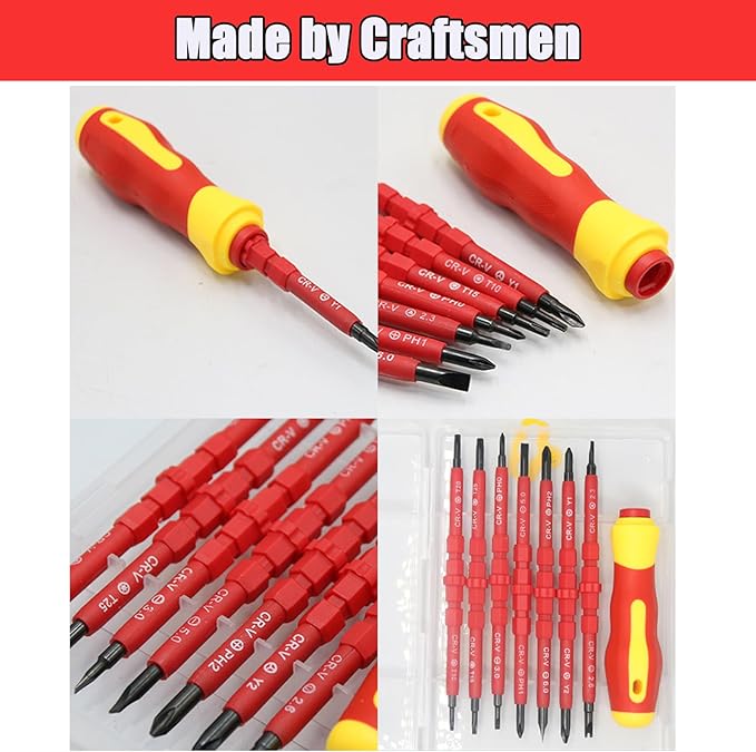 Insulated Electrician Screwdriver Set - 14 in 1 Magnetic Screwdriver Tool Kit Electrical Multifunctional Interchangeable CR-V Screwdrivers with Soft-Grip Screw Drivers