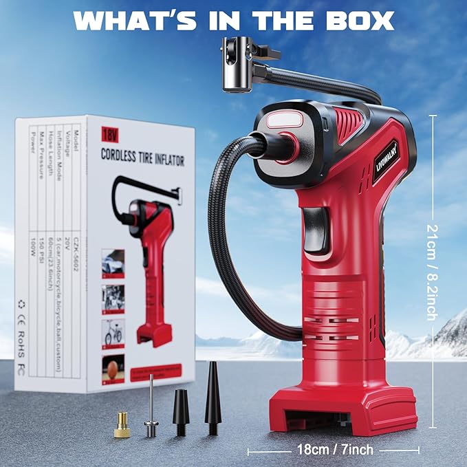 Tire Inflator Portable Air Compressor Compatible With Milwaukee 18V Battery, LIVOWALNY 150PSI Air Pump Cordless Tire Pump Digital Pressure Gauge, Tire Inflator for Car, Bike, Motorcycle (No Battery)