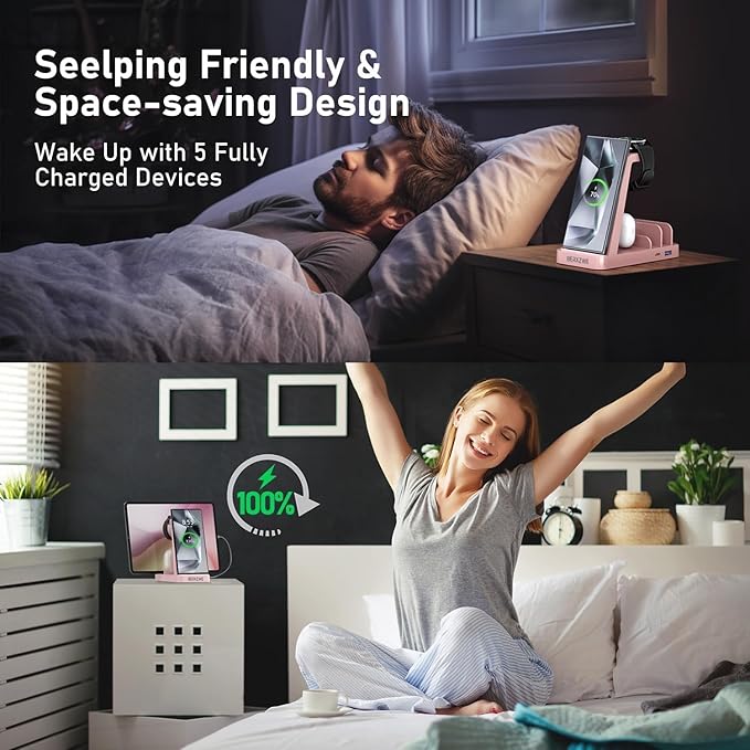 Wireless Charger for Samsung, 5 in 1 Wireless Charging Station for Samsung, Charger Dock Stand for Galaxy Watch Ultra 7 6 5 4 3, Galaxy S25 S24 Ultra S23 S22 S21, Note 20 10 Z Fold Buds, Pink