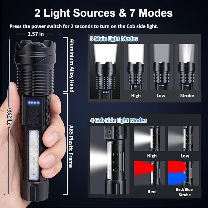 Rechargeable Flashlights High Lumens 2 Packs, 980,000L Super Bright Zoomable Tactical Flash Light with 7 Modes, Battery Powered, Cob Side Light, USB C, LED Handheld Flashlight for Emergency