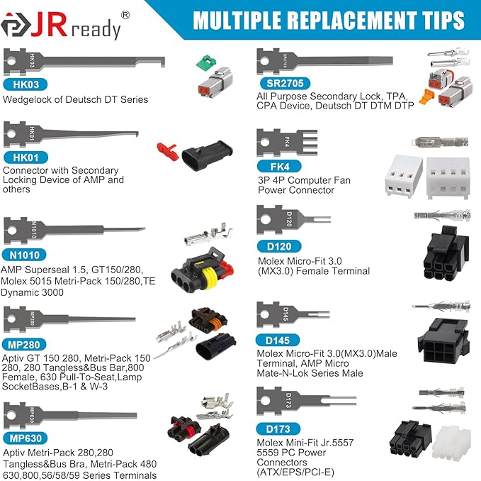 JRready ST5348 10PCS Pin Extractor Tool Kit, Double Tip Replacement Universal Automotive/Computer Repair Terminal Release Tool Kit, Suitable for AMP/Metri Pack/Molex/Deutsch DT DTM DTP Connector