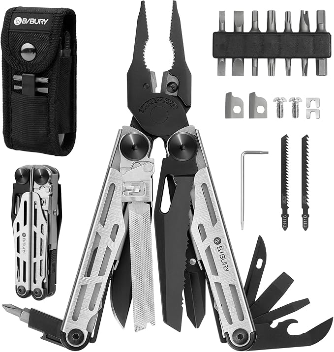 BIBURY Multitool Pliers Pro BI2045, Foldable Multitools with Replaceable Wire Cutters and Saw, Stainless Steel Multi Tool w/Upgraded Scissors and Screwdriver Set, Ideal for Camping, Hiking, Survival