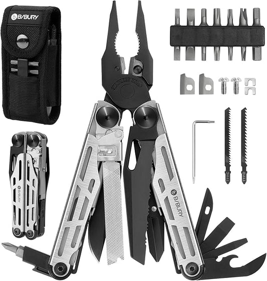 BIBURY Multitool Pliers Pro BI2045, Foldable Multitools with Replaceable Wire Cutters and Saw, Stainless Steel Multi Tool w/Upgraded Scissors and Screwdriver Set, Ideal for Camping, Hiking, Survival