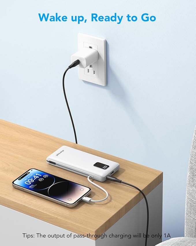 Charmast Portable Charger with Built-in Cables and Plug, 10000mAh USB C Power Bank Fast Charging 15W, External Battery Pack Slim, Travel Essentials Compatible with 16 15 14 13, Samsung Galaxy, iPad