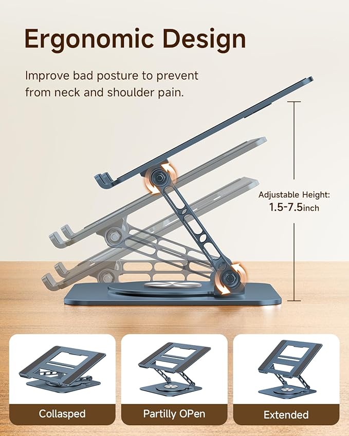 Laptop Stand for Desk, Ergonomic Laptop Riser with 360° Rotating Base, Foldable Notebook Computer Holder Stand Compatible with MacBook Air Pro, Dell XPS, More 10-15" Laptops, Navy