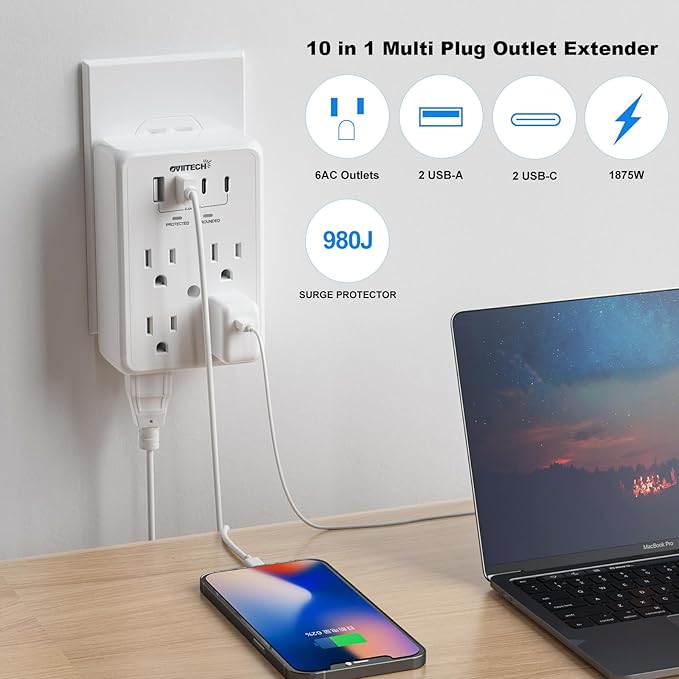 Multi Plug Outlet Extender Surge Protector Adapter, 6 Outlet with 4 USB Ports (2 USB C) 980J Power Strip Wall Charger Spaced for Travel Home Office, Dorm Room, White