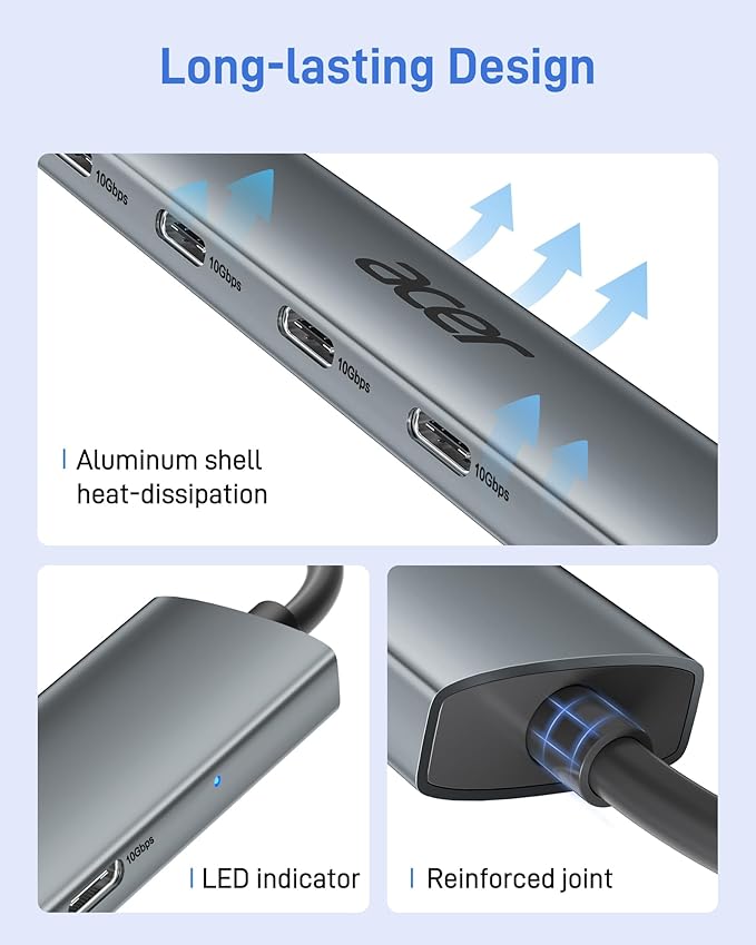 Acer USB C Hub, 10Gbps Type C Splitter with 4 USBC 3.2 Port, High Speed Type C Multiport Adapter for MacBook Air/Pro, iPhone 16/15, iPad, Surface Pro and More 【Not Support Charging or Video Output.】