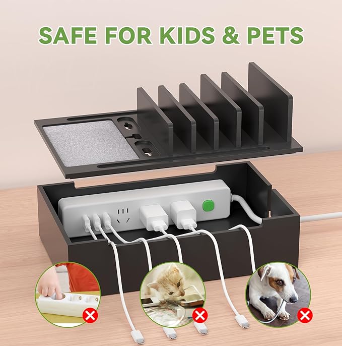 Pezin & Hulin Bamboo Charging Station, Electronic Devices Organizer for Multiple Devices Charger Such As Cell Phone, Tablet, Watch and More, Blackl, (No USB Charger and Cables