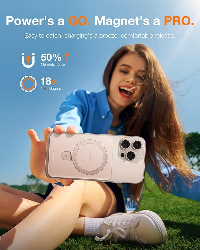 TORRAS 0.45" Slim Magnetic Portable Charger Power Bank for iPhone 5000 mAh 22.5W PD Fast Charging Wireless Battery Pack O Stand Compatible with Magsafe, i Phone 16 Pro Max, Pro,15,14,13,12, Rose Gold
