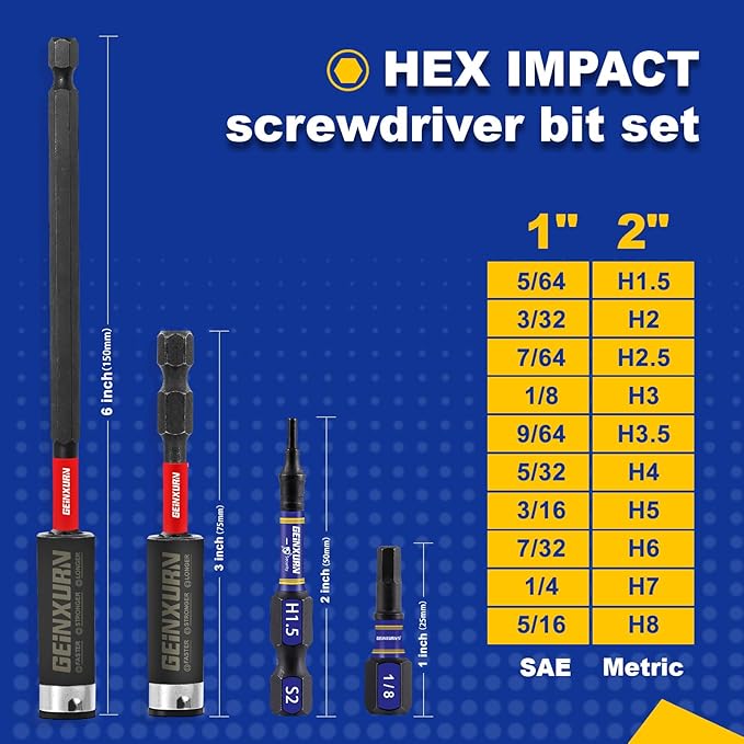 22 Pieces Multi Hex Head Impact Tough Magnetic Allen Wrench Drill Bits Set, (Metric&SAE)1 In./2 In. Mixed Hex Head S2 Steel Power Bits Set with Bit Extension Holder
