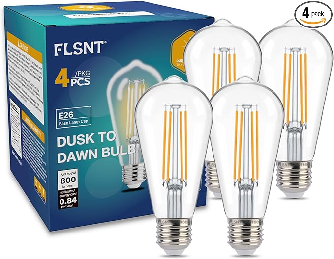FLSNT Dusk to Dawn Outdoor Sensor ST19 LED Light Bulb, 7W (60W Eqv.), 800LM,Vintage Filament E26 Base, Auto On/Off Photocell Automatic for Energy-Efficient Outdoor Lighting, 2700K Soft White, 4 Pack