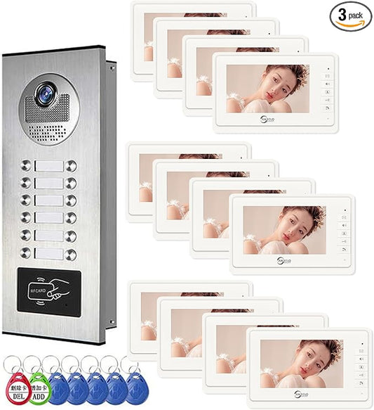 Wired Video Apartment Intercom System,6 Units 7 inch Monitor Video Door Phone Kit,Indoor Outdoor Video Doorbell, ID Card Unlock, 2 Way Audio, 6-Screen for Home Apartment (1 Doorbell+12 Monitor)