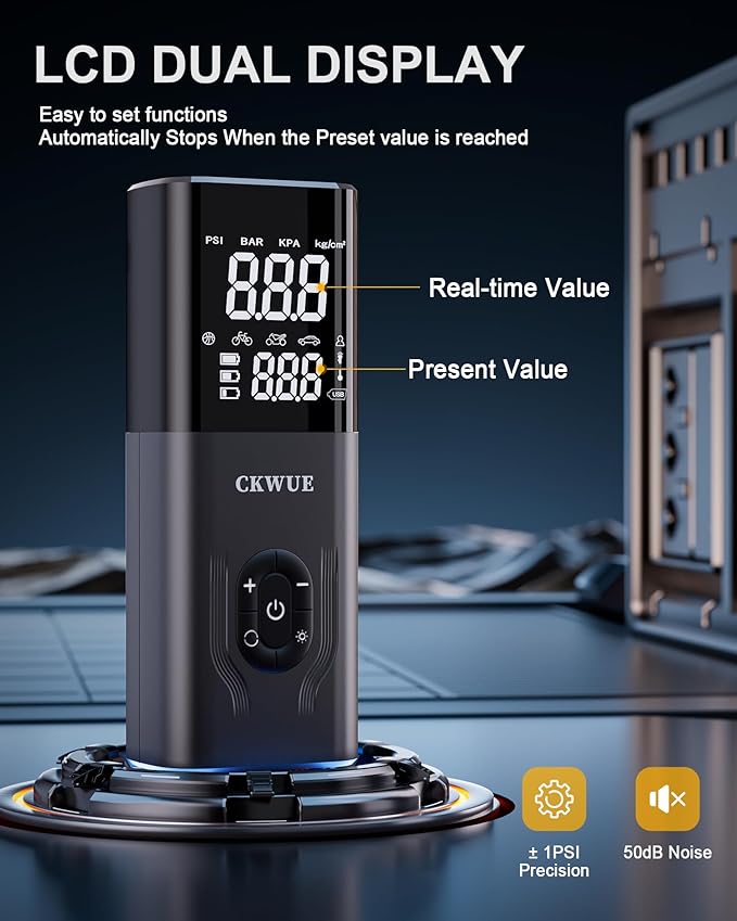 Tire Inflator Portable Air Compressor, CKWUE 180PSI Cordless Air Compressor, 6X Faster Air Pump with Digital Pressure Gauge, Tire Pump with Dual Mode Inflation （Dark Gray）