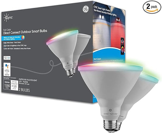 GE CYNC Smart LED PAR38 Flood Light Bulb - WiFi & Bluetooth Color Changing RGB Outdoor Light Bulbs - 90W Equivalent, Compatible with Alexa & Google Home - Dimmable, Long Lasting, Tuneable - Pack of 2