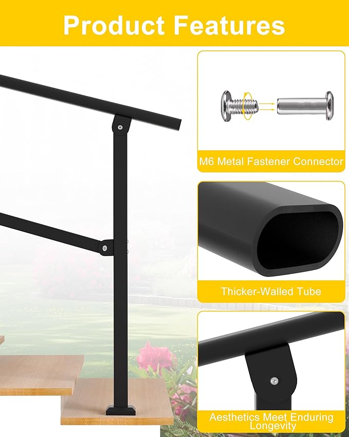 Hand Rails for Outdoor Steps, 1-3 Step Adjustable Stair Handrail Kit, 40" x 36" Wrought Iron Railing, Exterior Hand Rail for Porch Deck Garage and Garden