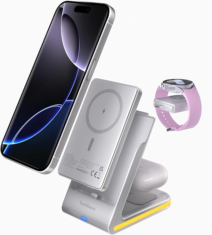 Wireless Charger 5 in 1 Magnetic Charging Station Stand with Portable Power Bank for Apple/Samsung Multiple Devices for Apple Watch 10-2,iPhone 16 15-12 Pro Max/Samsung Galaxy S25 Ultra S24-S8