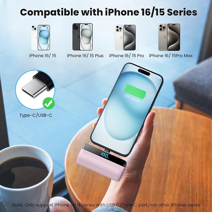 [2-Pack] Mini Portable Charger 5500mAh for iPhone 15/16 Series, LCD Display 15W PD Fast Charging Power Bank USB C Connector Battery Pack Compatible with 16/16 Pro Max/15/15 Pro Max Samsung Android etc