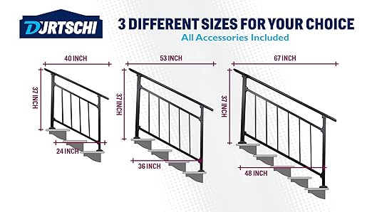 Updated Handrails for Outdoor Steps, 3-4 Steps Wrought Iron Stair Railing with Fence, Flexible Exterior Hand Railing for Concrete or Wooden Stairs, Black Transitional Handrails with Installation Kit