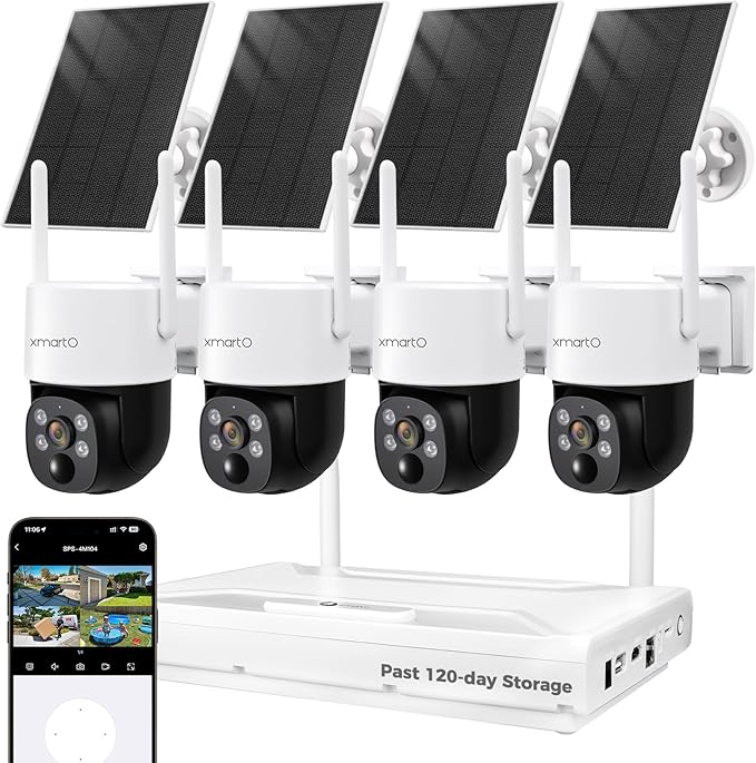 XMARTO 100% Wire-Free Solar PTZ Home Security Camera System Wireless, 4-Set 2K 4MP QHD CCTV Camera Kit with 4K 10CH Expandable WiFi NVR and Past 90-Day Video Storage, All-Weather Solar Charge