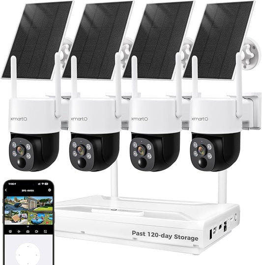 XMARTO 100% Wire-Free Solar PTZ Home Security Camera System Wireless, 4-Set 2K 4MP QHD CCTV Camera Kit with 4K 10CH Expandable WiFi NVR and Past 90-Day Video Storage, All-Weather Solar Charge