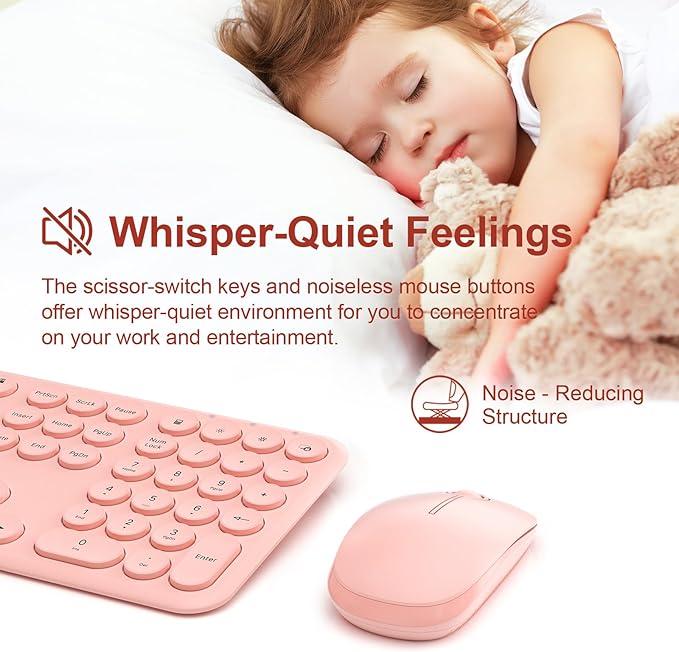 Cute Wireless Keyboard and Mouse Combo Slim 2.4GHz USB Cordless Full Size Silent Retro Keyboard and Mouse Set for PC Computer,Laptop,Windows,Mac,Tablets（Upgraded Peach）