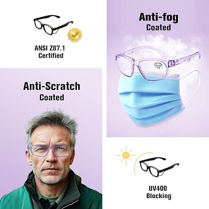 ProtectX Stylish Anti-Fog & Scratch-Resistant Safety Glasses With Readers, UV Protection Goggles, Anti-Impact Lightweight Glasses for Men＆Women Lilac Reading 1.5-6 Pack