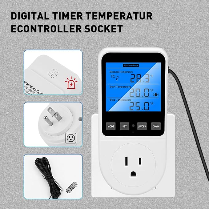 Diymore Plug in Digital Thermostat Temperature Controller Electric Digital Thermostat Heating Cooling Control Mode Timer 1800W 120V 15A Greenhouse Heater with Thermostat Backlit Display